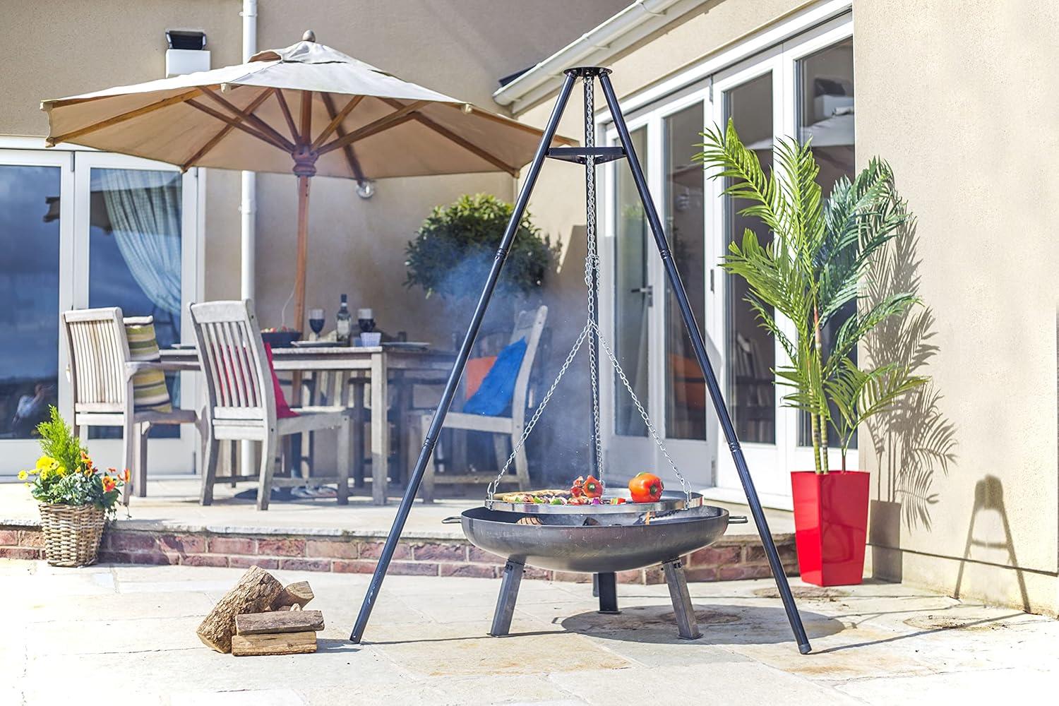La Hacienda 55578 Tripod With Adjustable Chrome Hanging Grill (65cm) - Fits Any Firepit