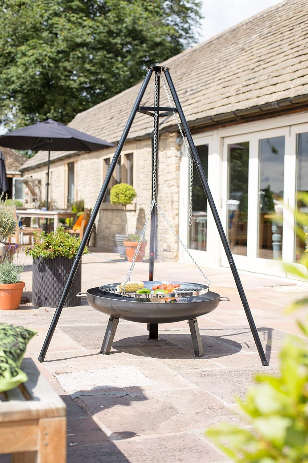 La Hacienda 55578 Tripod With Adjustable Chrome Hanging Grill (65cm) - Fits Any Firepit