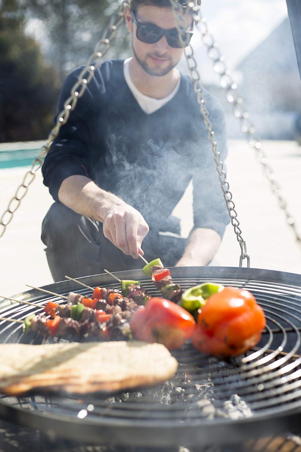 La Hacienda 55578 Tripod With Adjustable Chrome Hanging Grill (65cm) - Fits Any Firepit